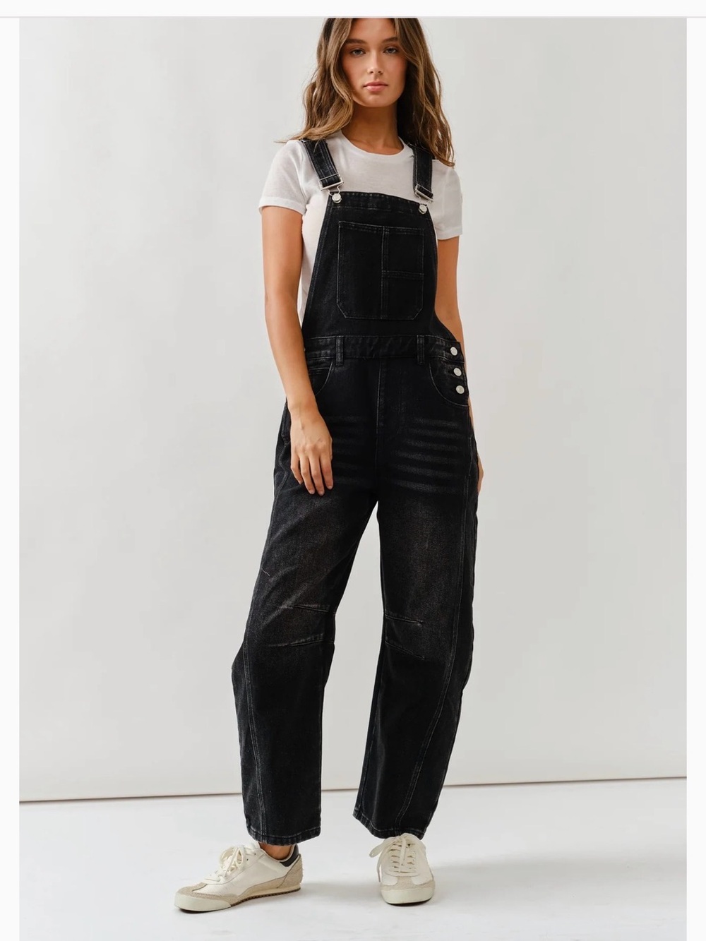 Aaron & Amber Relaxed Barrel Denim Overalls in Black Wash small